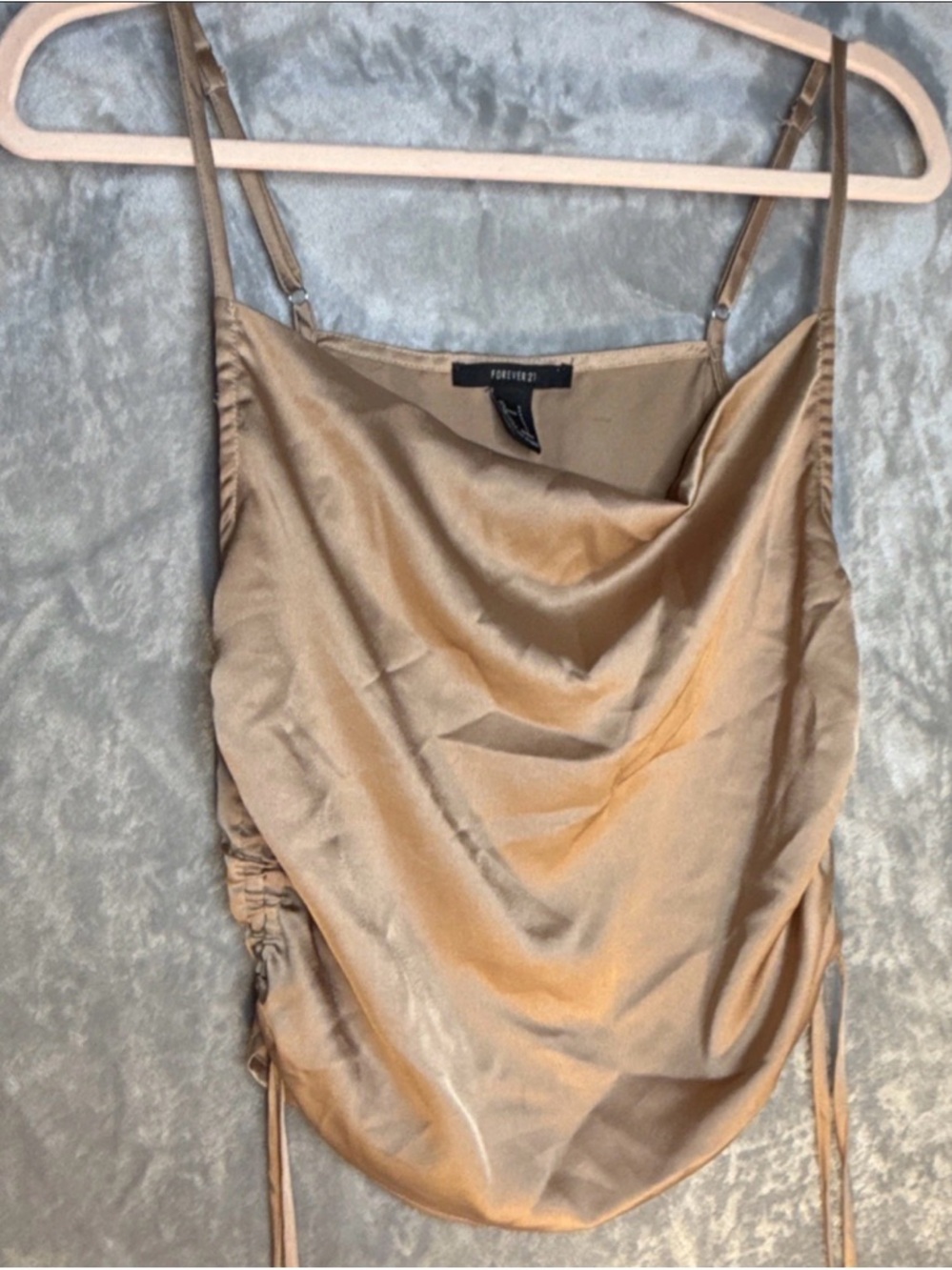FOREVER 21 S Beige Satin Ruched Spaghetti Strap Cowl Neck Camisole Boho